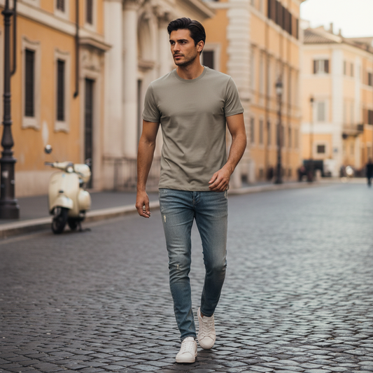 Camisa Manga Curta Homem Taupe | T-Shirt Masculino Algodão