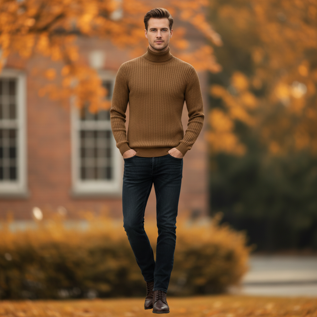 Suéter Masculino Gola Alta Canelado Slim Fit | Moda Masculina